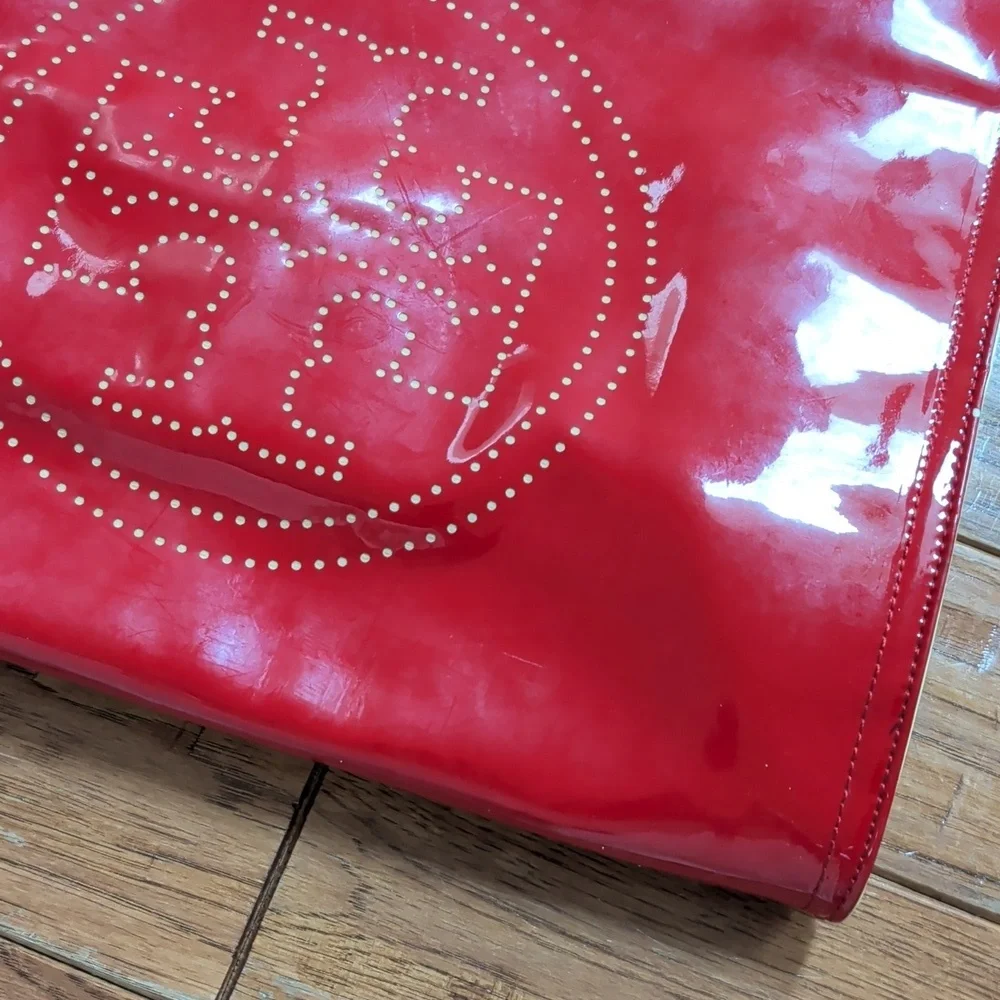 Tory Burch Ella Patent Red Yellow Perforated Tote Bag NEEDS WORK